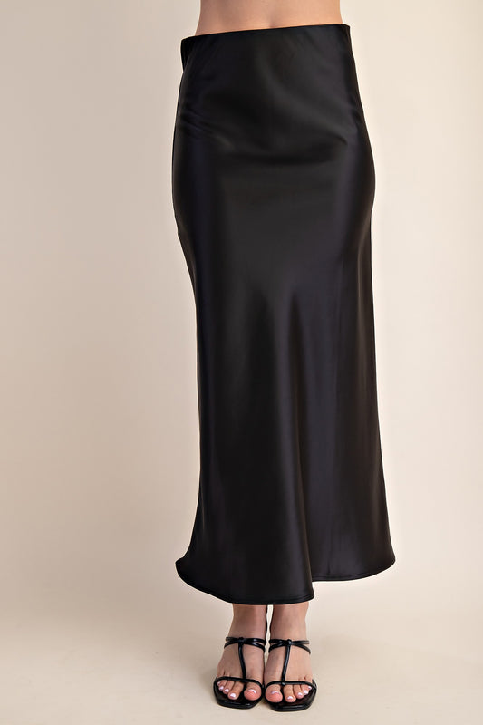 Sally Satin Midi Skirt in sleek black. Available in sizes XS-XL.
