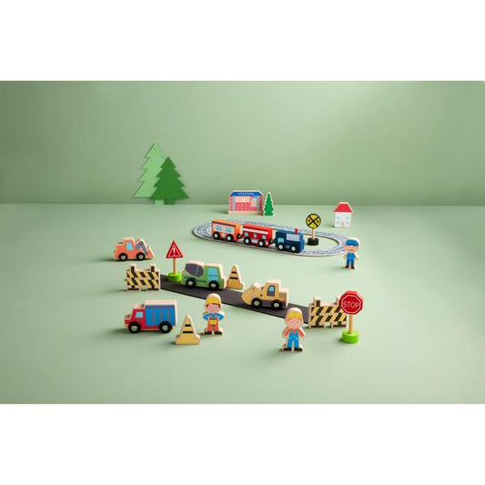 Construction Wood Toy Set with vehicles, workers, signs, and trees. Available in small (12pc), medium (20pc), and large (32pc) sizes.