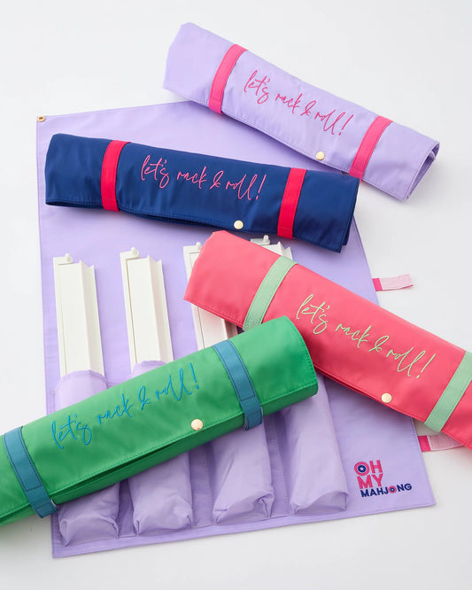 Four Kelly Green "Let's Rack & Roll" bags with white printed text, designed to organize game essentials. Available in a size suitable for 18.5" rack and pusher sets.