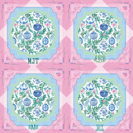 Four decorative plates with blue and green floral designs, each featuring different green initials (MJT, LSB, RMB, JML) at the bottom and surrounded by pink script borders. Available in standard size.