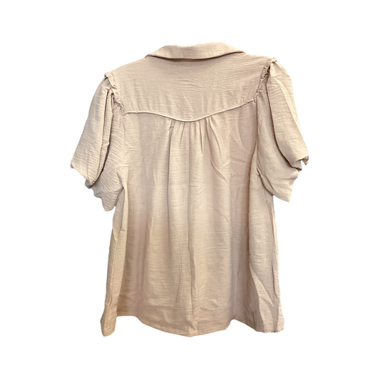 Light beige Addie Button Down Ruffle Detail Blouse with short sleeves, loose fit, collar, gathered accents. Sizes XS-XL.