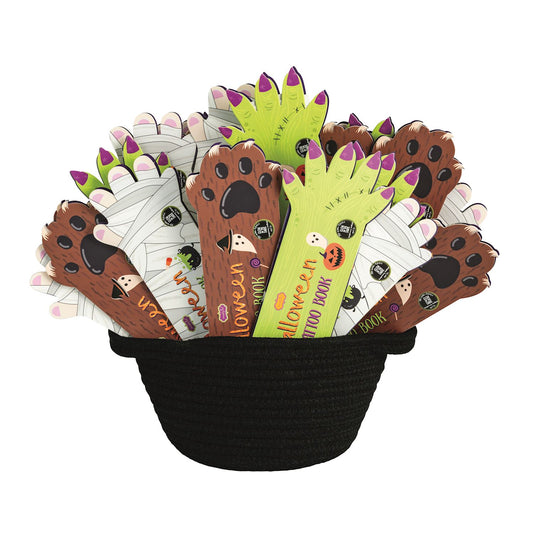 Halloween Tattoo Books with festive, non-toxic tattoos in green, brown, and white; available in 4x6 and 5x7 sizes.