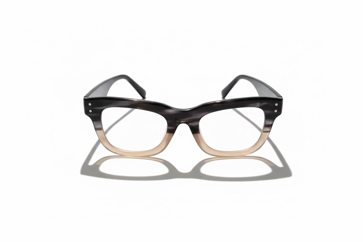 Two Tone Reading Glasses +2.50 with thick, rectangular frames that gradient from black to light beige; available in +2.50 strength.