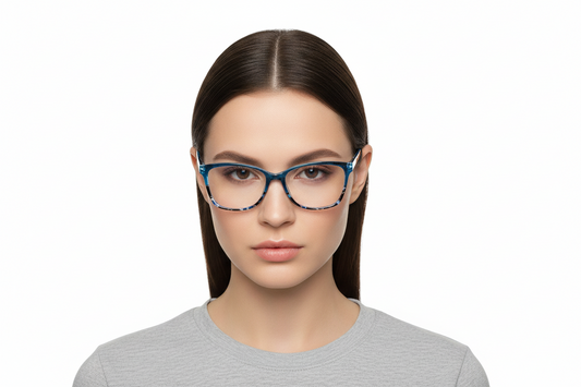 Blue patterned eyeglasses from Dark Blue Print Readers, available in S, M, L.