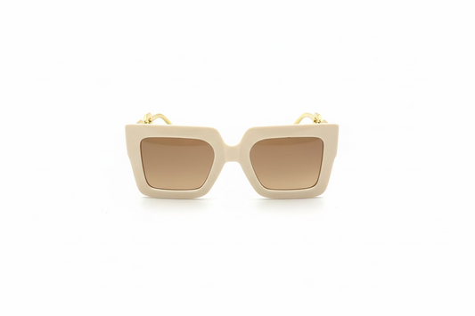 Cream square sunglasses with gold frames and brown-tinted UV protection lenses. Available in small, medium, and large sizes.