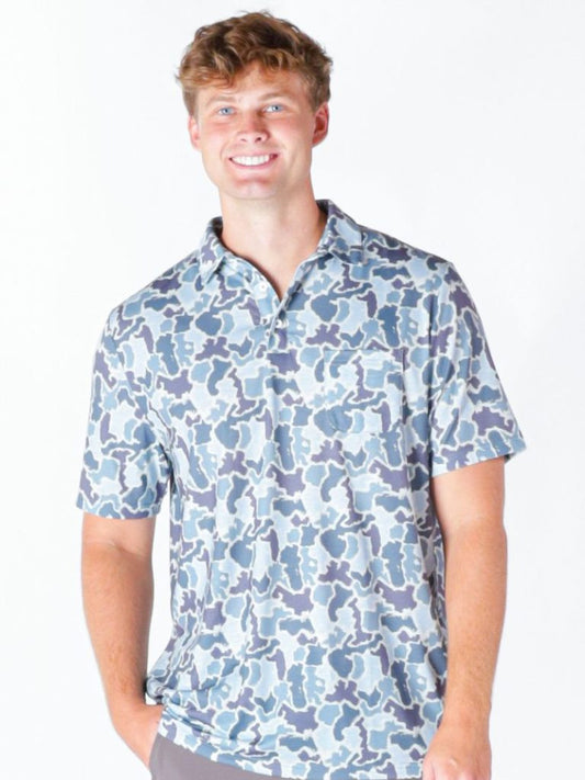 Men’s Blue Camo Polo, available in sizes S-XXL. Features a classic fit with blue camouflage pattern.