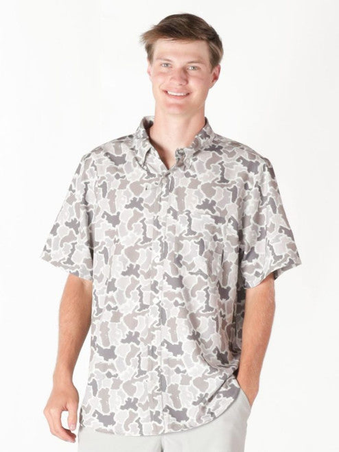 Men’s Grey Camo Polo, short-sleeve and breathable. Available in sizes S-XXL.