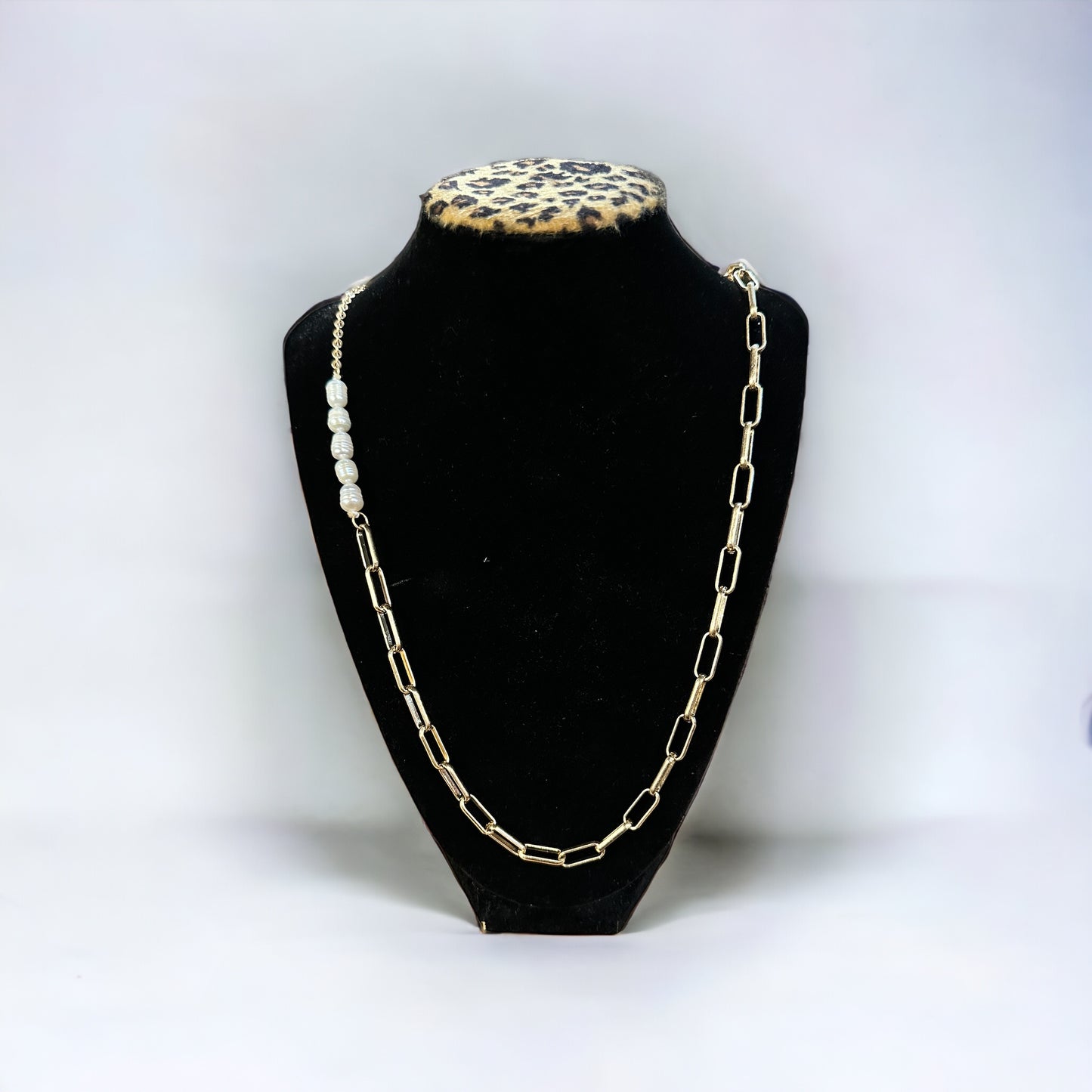Gold Link Chains and Pearl necklace with gold links and white beads on one side, lead compliant. Sizes available: S, M, L.