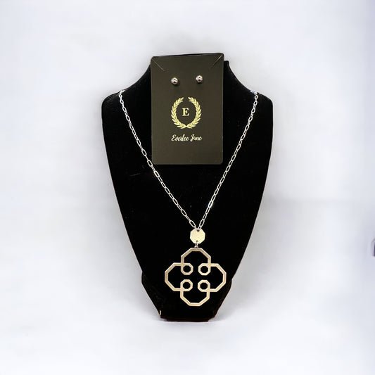 Long Flower Pendant Necklace with matching stud earrings, cut-out flower design, cadmium and lead safe. Available in S, M, L.