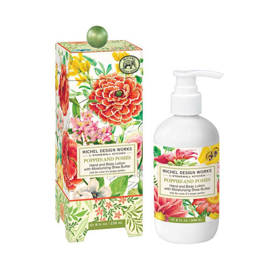 This Michel Design Works Lotion set is decorated with a lively poppies and posies design. The set includes a shea butter lotion in a pump bottle along with a complementing box.