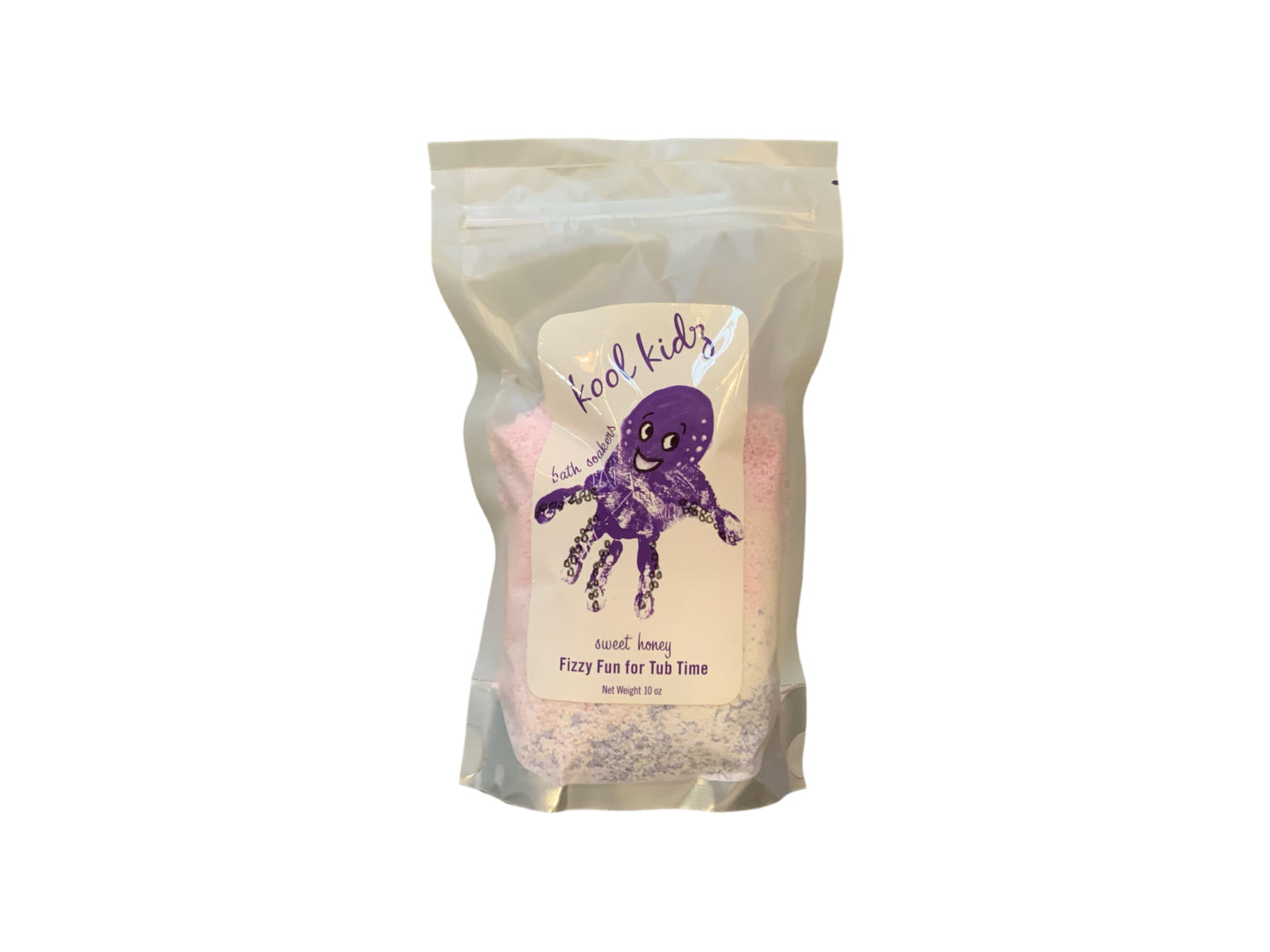 The product is a package of "Kool Kidz Bath Soakers". It is decorated with the image of a cartoon purple octopus. The label on the package has the phrase "fizzy fun for tub time" and is set against a white and light pink background. The size options for this product are not provided.