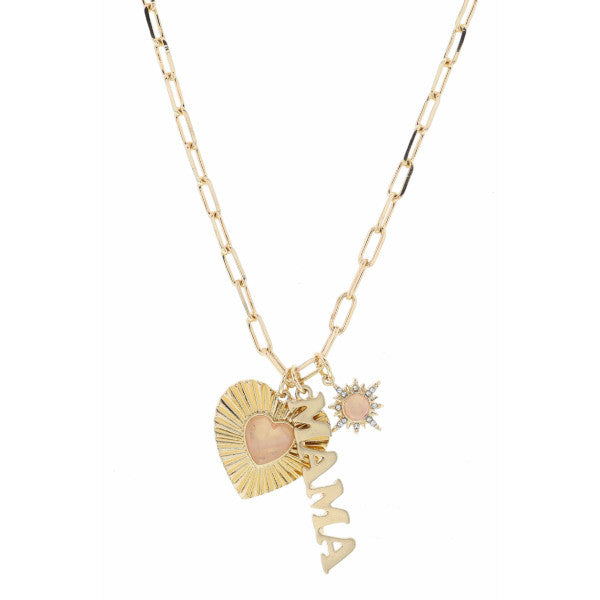 Gold chain with sunburst heart pink center, starburst pink stone, and vertical "MAMA" pendant. Sizes: 16", 18".