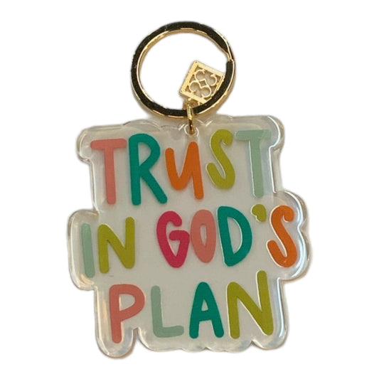 Mary Square Acrylic Keychain with bold "TRUST IN GOD'S PLAN" letters, gold keyring, decorative accent. Sizes available: 2"x1.25".