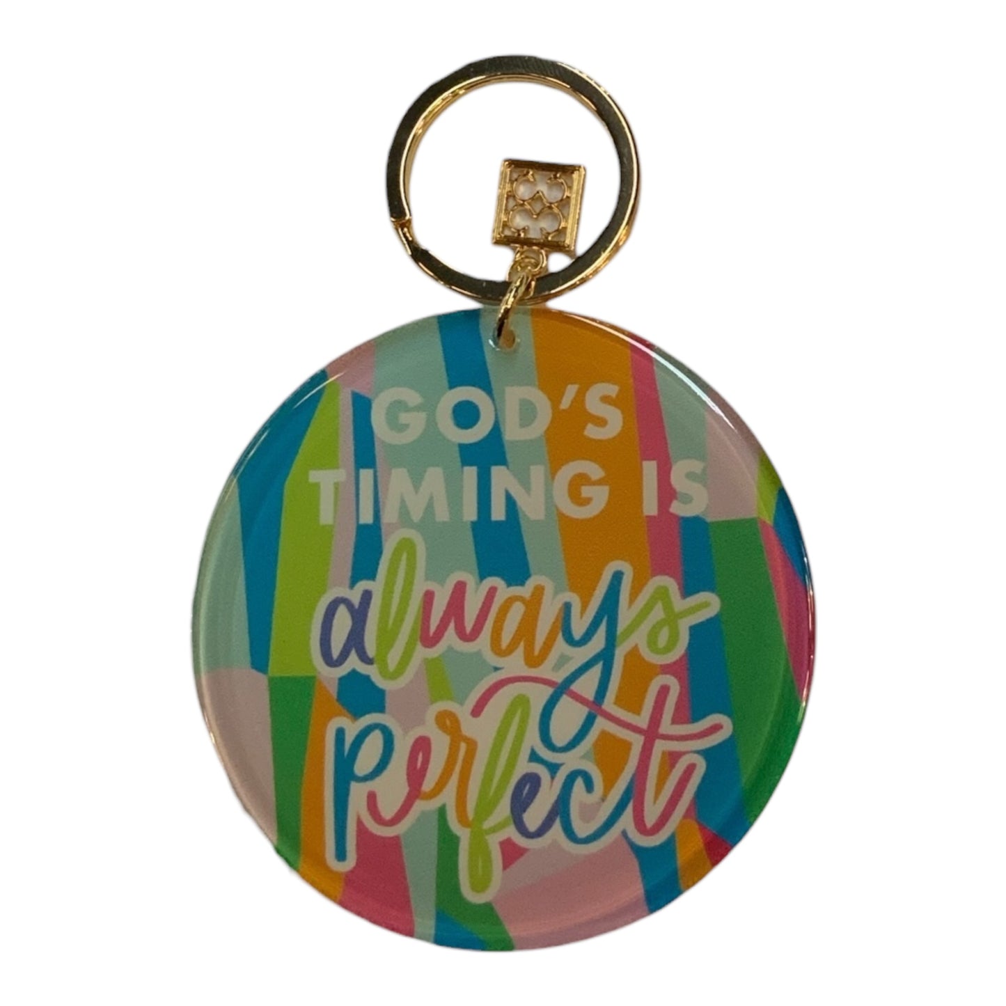 Mary Square Acrylic Keychain with "GOD’S TIMING IS always perfect" text. Available in small and large sizes.