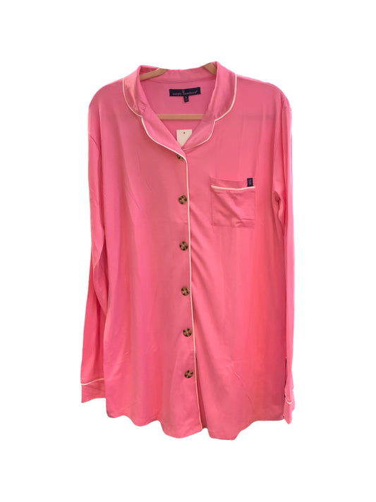 This is a pink, long-sleeve PJ Pink Berries silk pajama top. It features button-up front and a single chest pocket. Sizes available range from Small to XLarge.