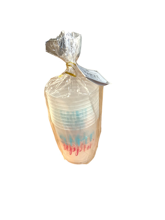 Set of 10 colorful, dishwasher safe party cups with fun designs; wrapped in clear plastic and tied with a gold twist.