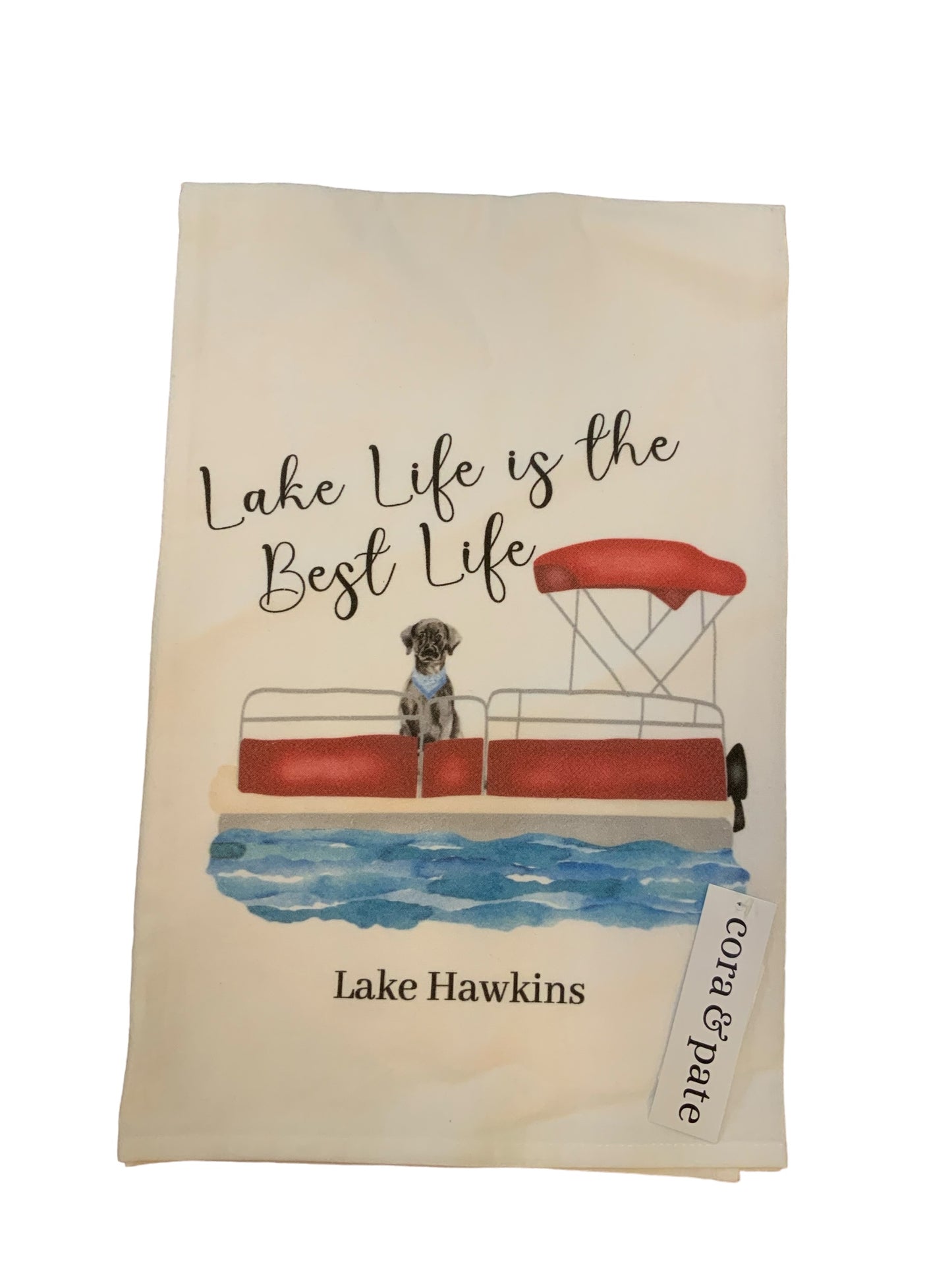 Tea which says Lake life is the best life and it has a boat with a dog on it and lake Hawkins
