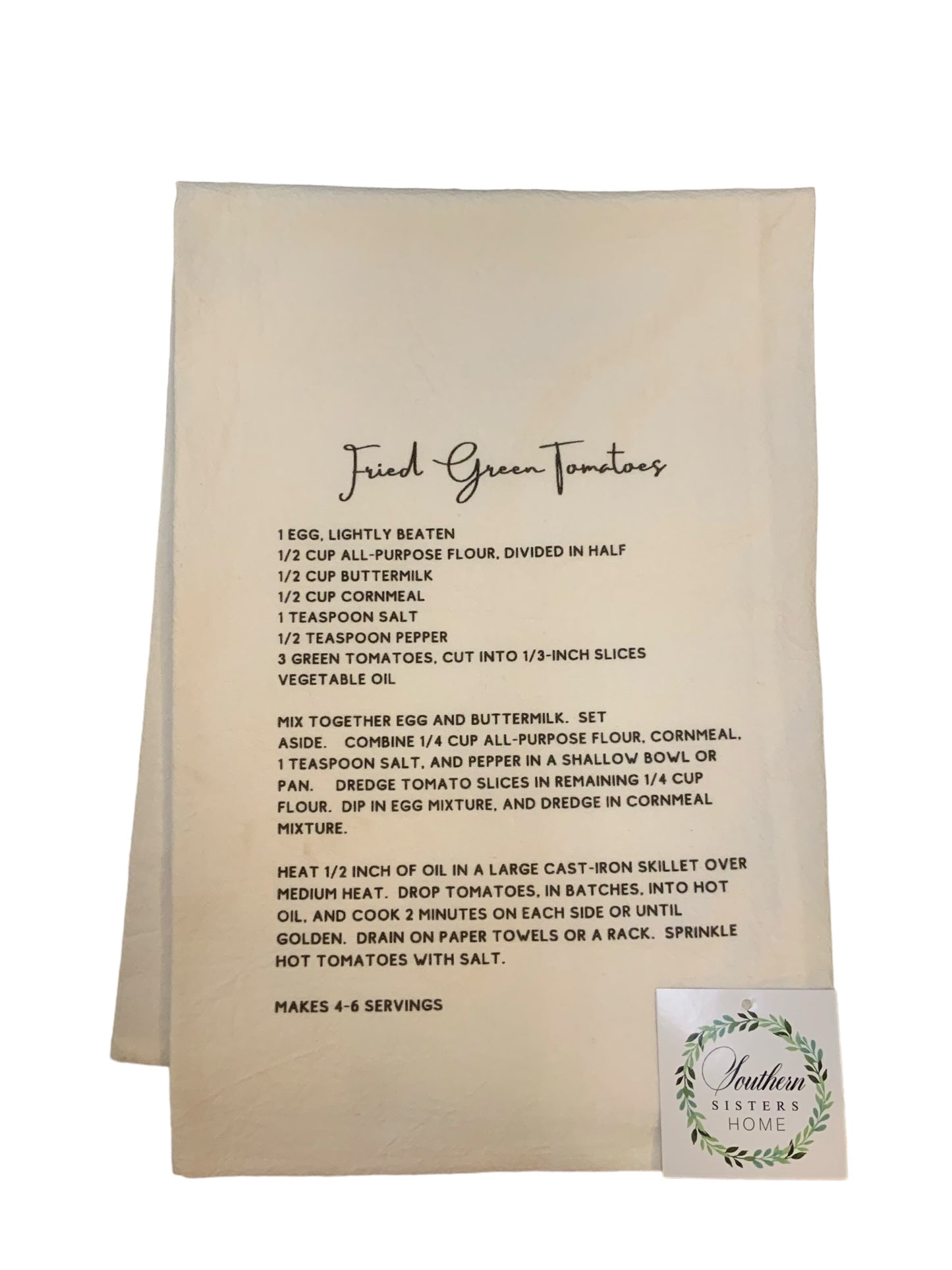 This core and pate tea towels has the recipe for fried green tomatoes in cursive and then printed out the recipe