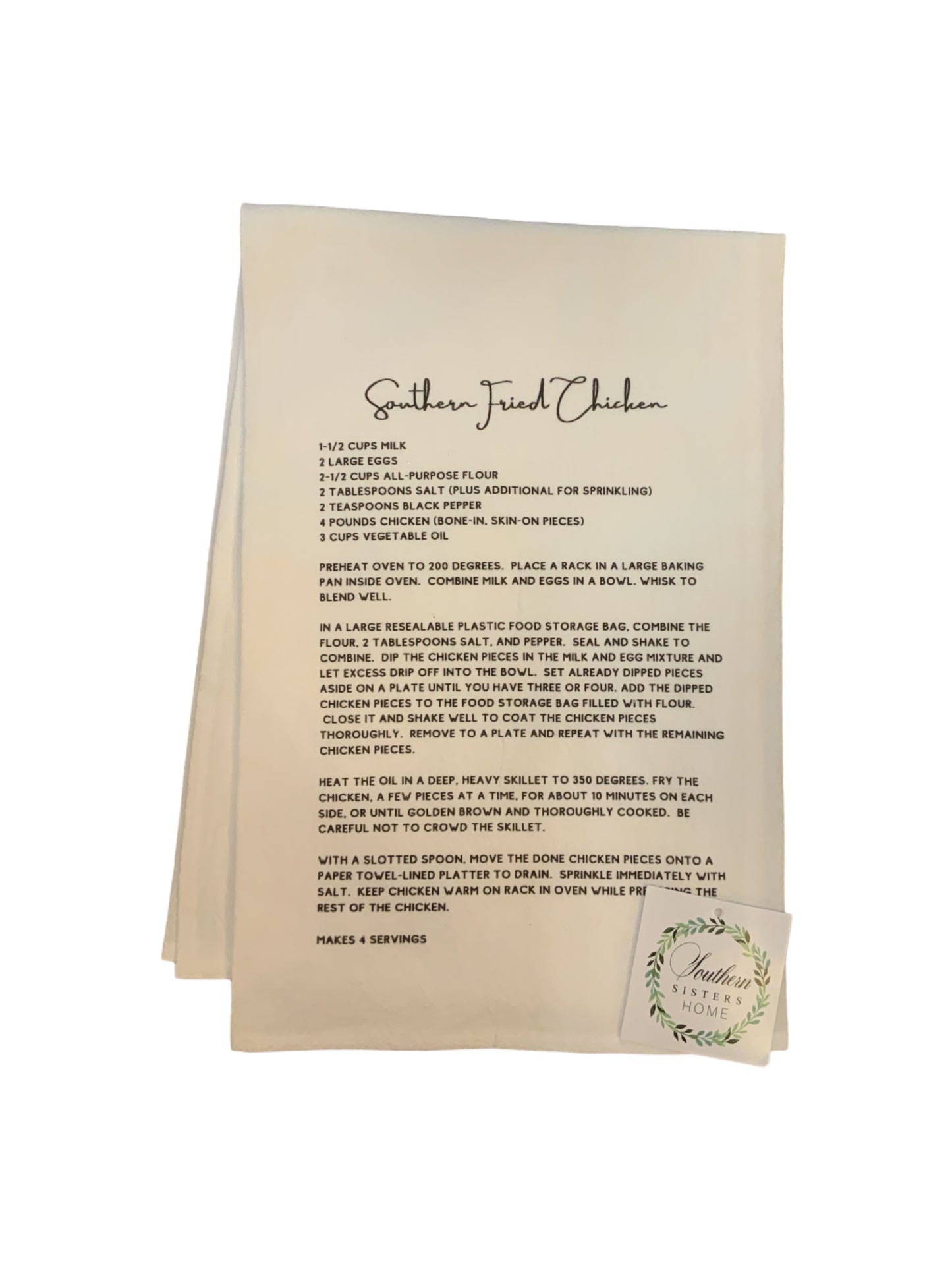 This Cora and Pate tea towel has the recipe for southern fried chicken