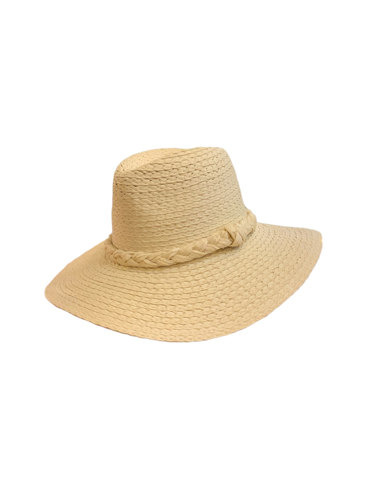 Braided Straw Fedora Hat in light beige, wide brim, braided crown band. Available sizes: S, M, L.