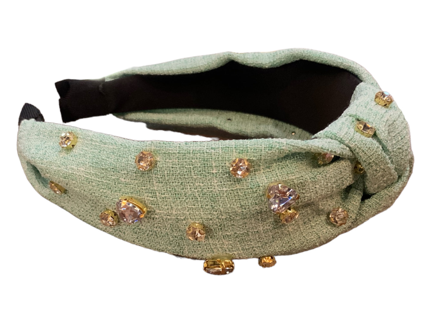 Light green textured knot headband with gold and clear rhinestones; available in S, M, L.