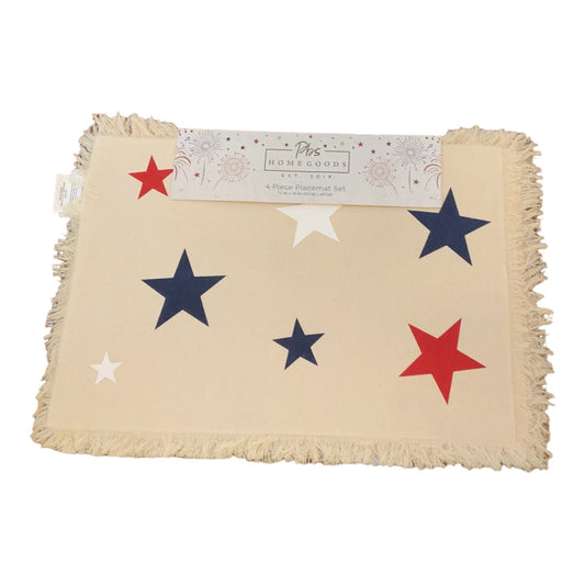 Beige fringed placemat with red, blue, and white stars. Available in standard and large sizes.