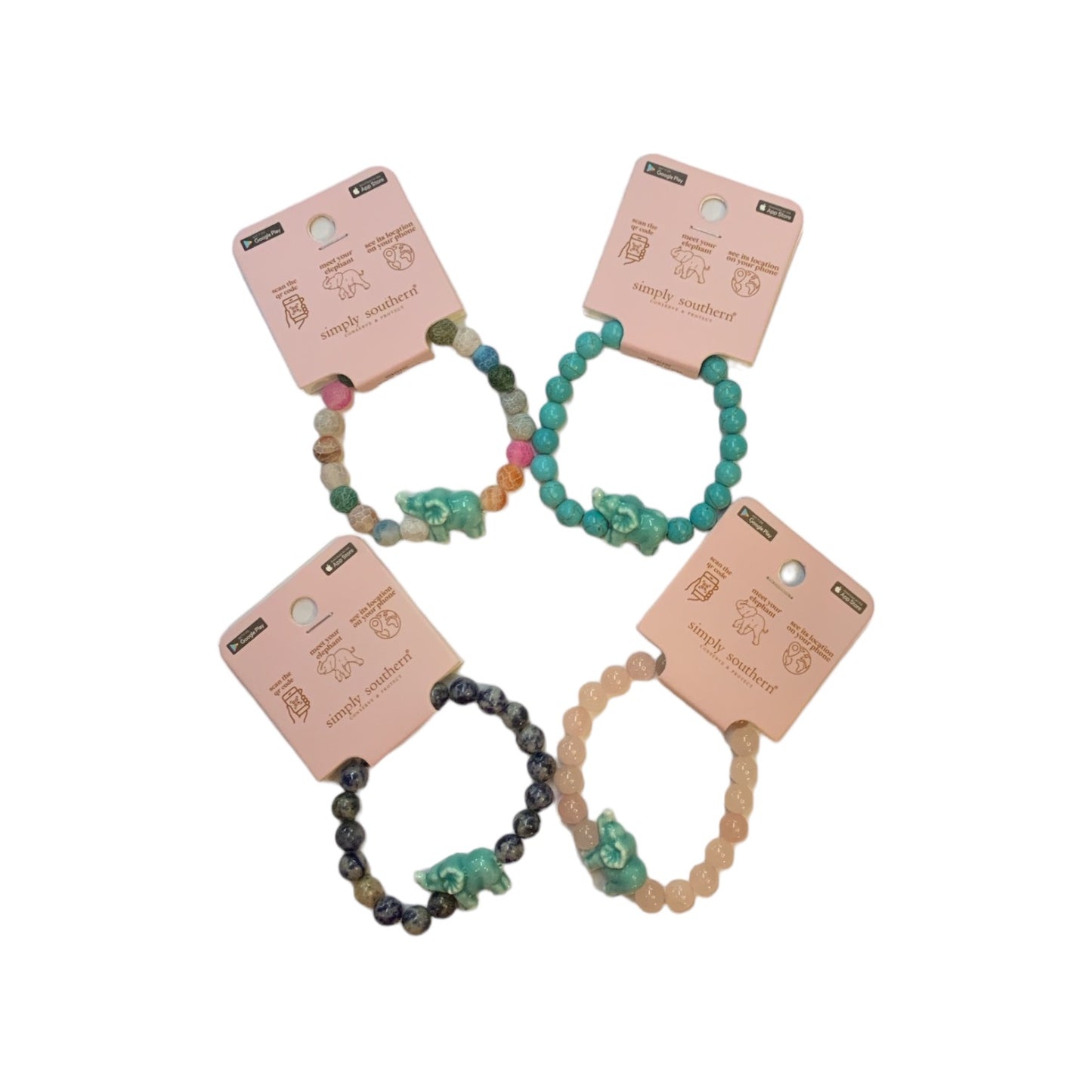 Simply Southern Elephant Track Bracelet set: four stretch bracelets with elephant charms, multicolor beads. One size fits most.