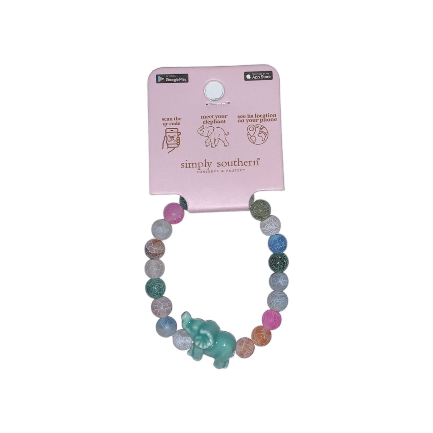 Multicolored bead bracelet with turquoise elephant charm, attached to pink info tag. Sizes available: one size fits most.