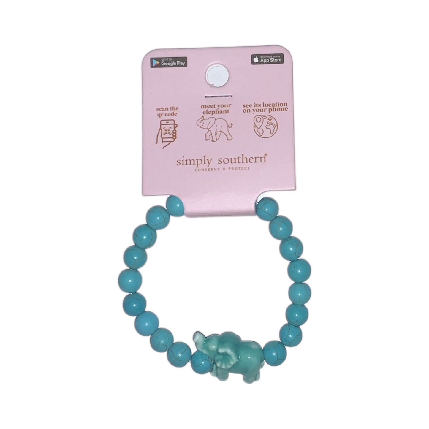 Simply Southern Elephant Track Bracelet with turquoise beads, elephant charm, and tracking QR code. Sizes: one-size-fits-most.