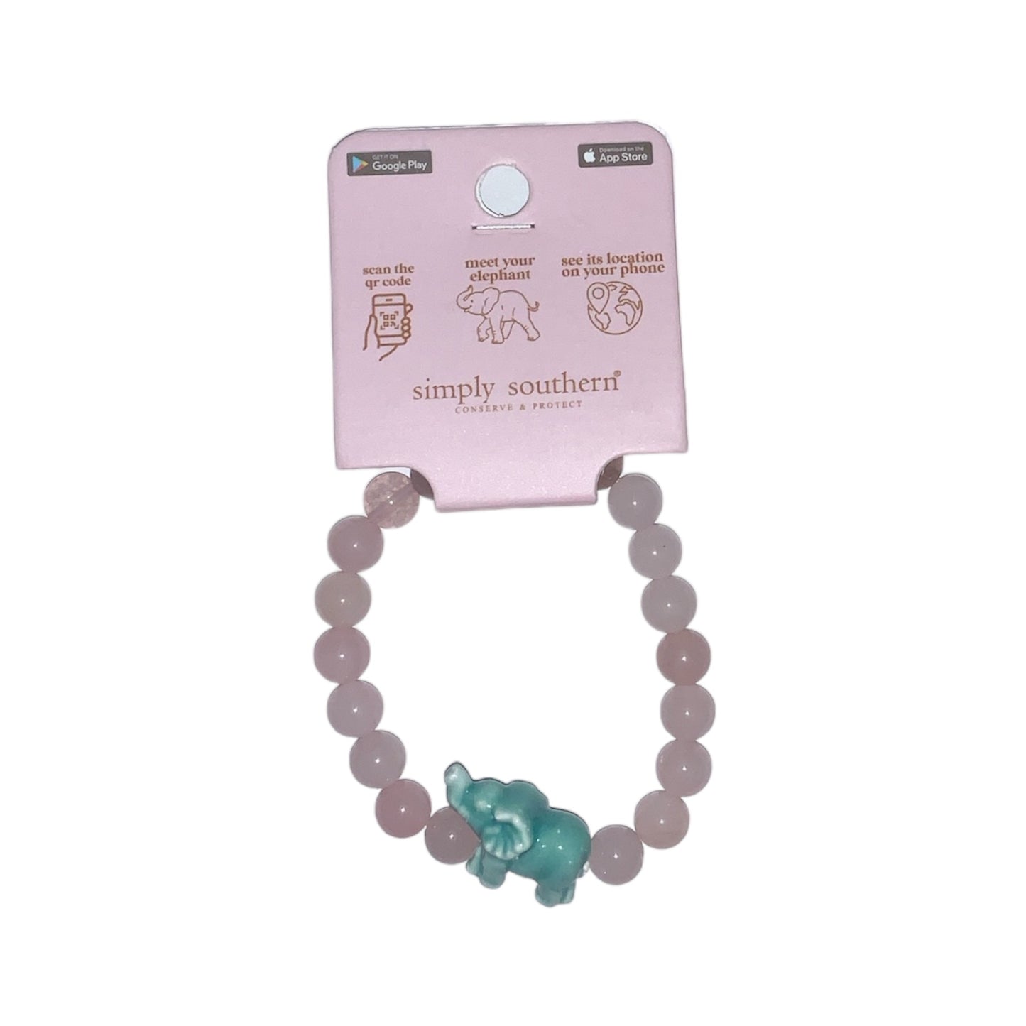 Simply Southern Elephant Track Bracelet with pink beads and blue elephant charm. Available in one size.