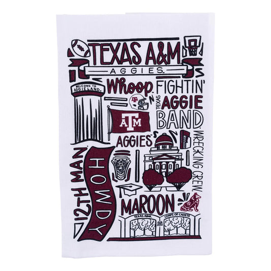 Maroon and black Texas A&M Collegiate Collage Tea Towels with Aggie-themed designs. Available in 16"x28" size.