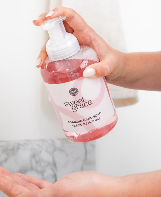 Sweet Grace Foaming Hand Soap, 16.6FL oz, pink formula in clear bottle with white dispenser; moisturizing aloe; top scent.