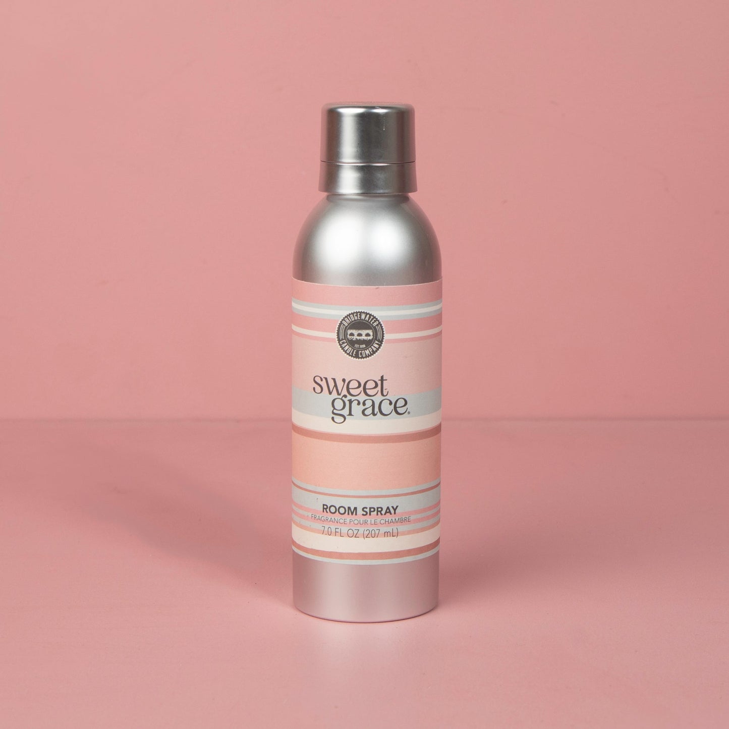 Sweet Grace Non-Aerosol Room Spray in a silver bottle with a pink and cream label; available in 6 oz and 12 oz sizes.