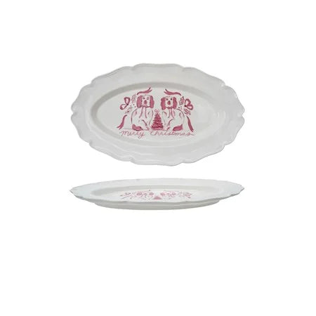 “Merry Christmas” Scallop Platter with Staffordshire Dogs