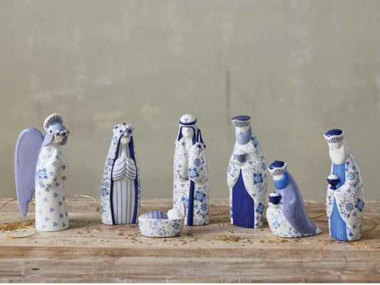Ceramic Floral Nativity Scene Blue and White