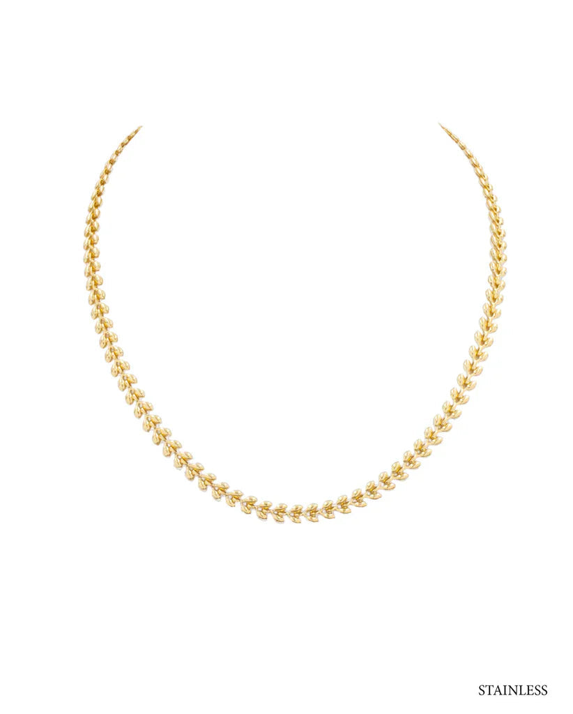 Stainless Steel Small Vine Chain Necklace with repeating leaf-shaped pattern. Available in 16", 18", and 20" sizes.
