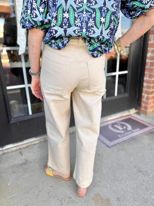 Ecru Cream Stitched Wide Leg Jeans