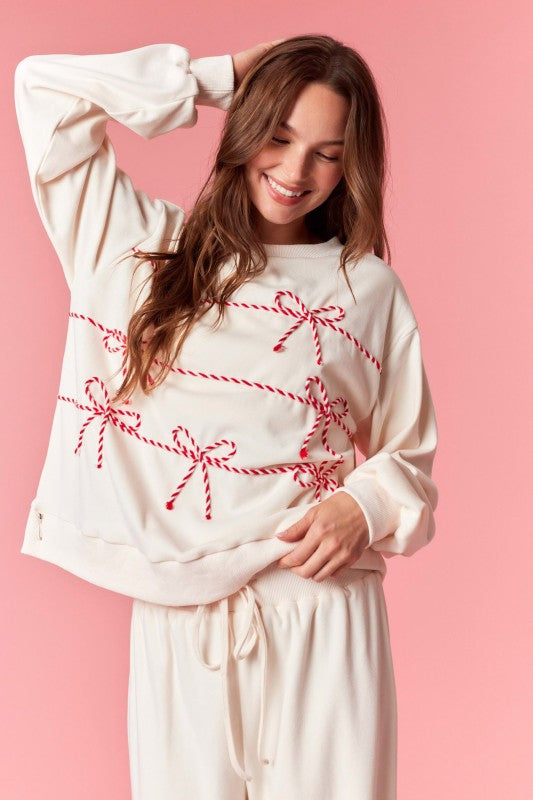 Twist Bow Cord Detail Crewneck Sweatshirt