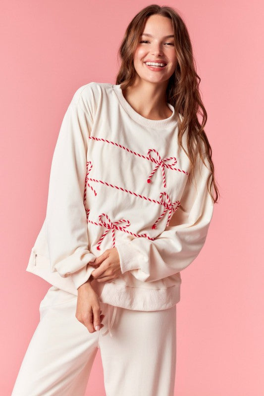 Twist Bow Cord Detail Crewneck Sweatshirt
