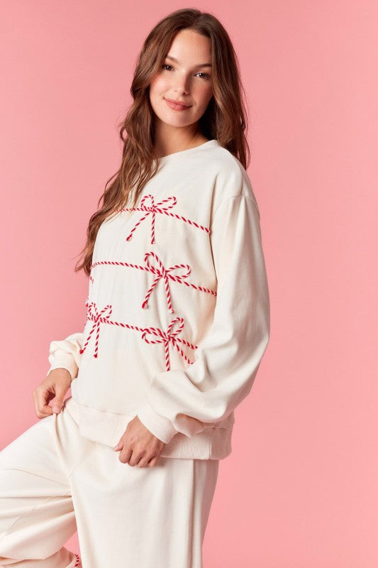 Twist Bow Cord Detail Crewneck Sweatshirt