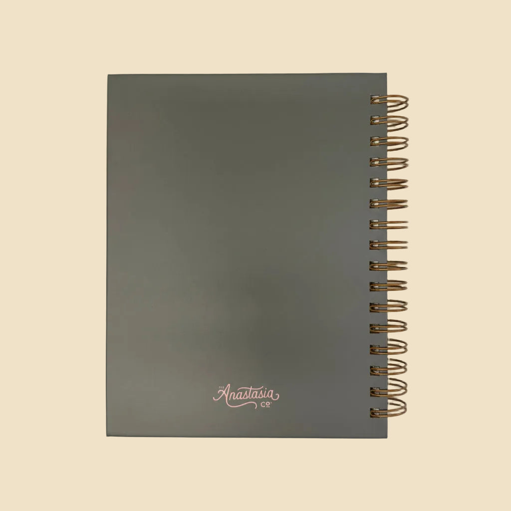 Dark gray scratch-resistant hardcover journal, gold wire binding, lined pages, "What's the Best That Could Happen"; multiple sizes.