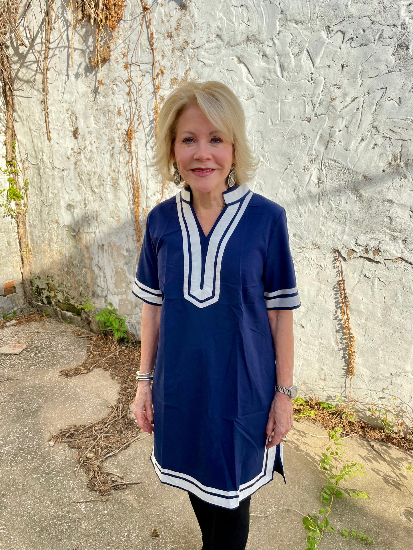 Luxe Woven Accent Dress in navy with white trim. Available in sizes XS–XL.