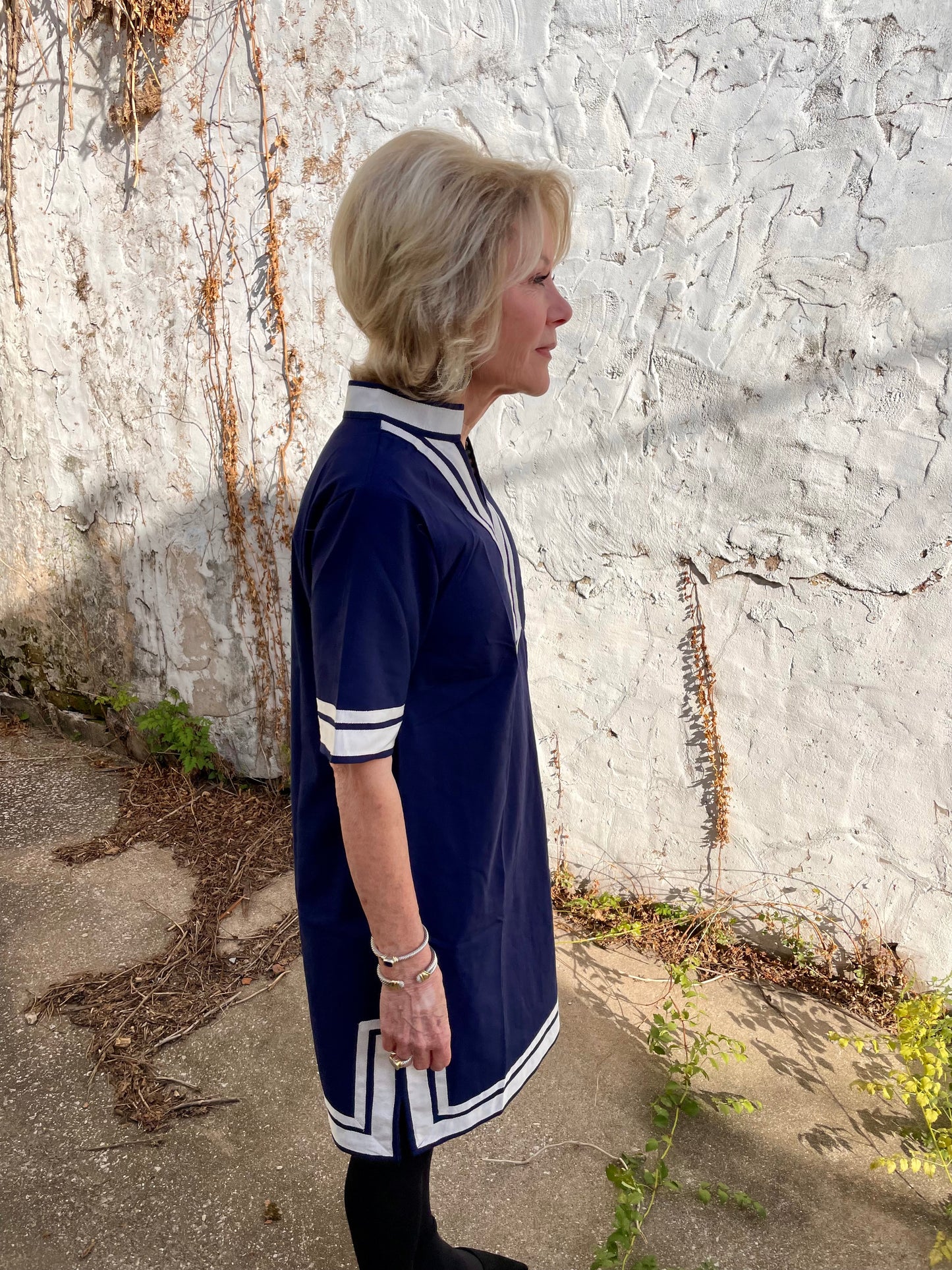 Luxe Woven Accent Dress with white trim, available in sizes XS–XL.