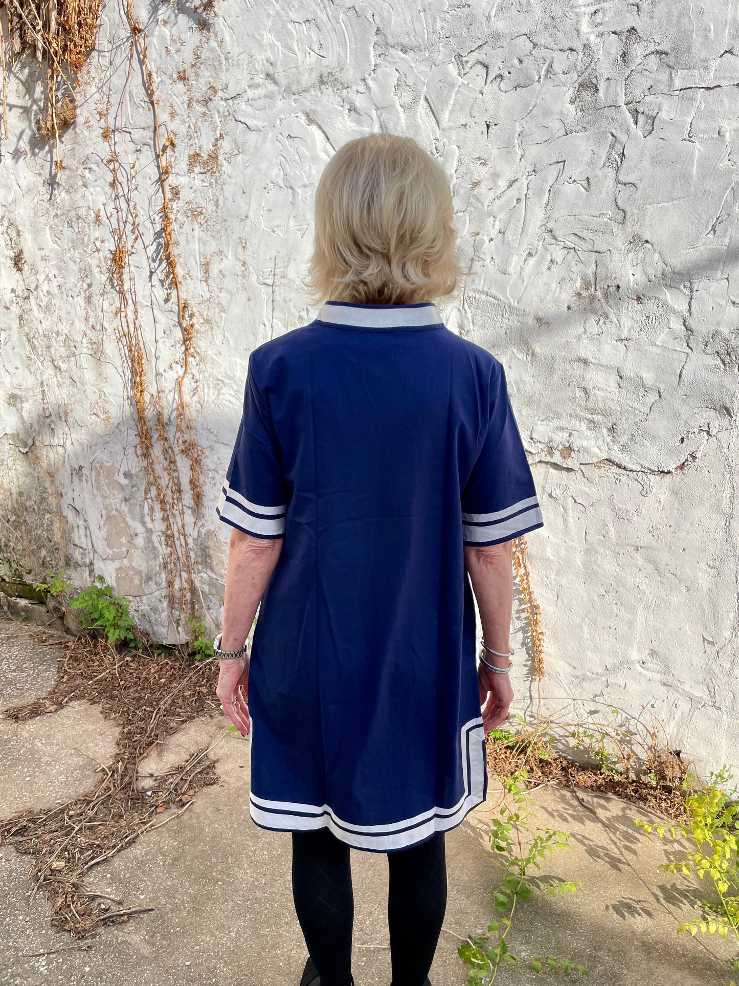 Luxe Woven Accent Dress in navy with white trim. Available in sizes XS–XL.