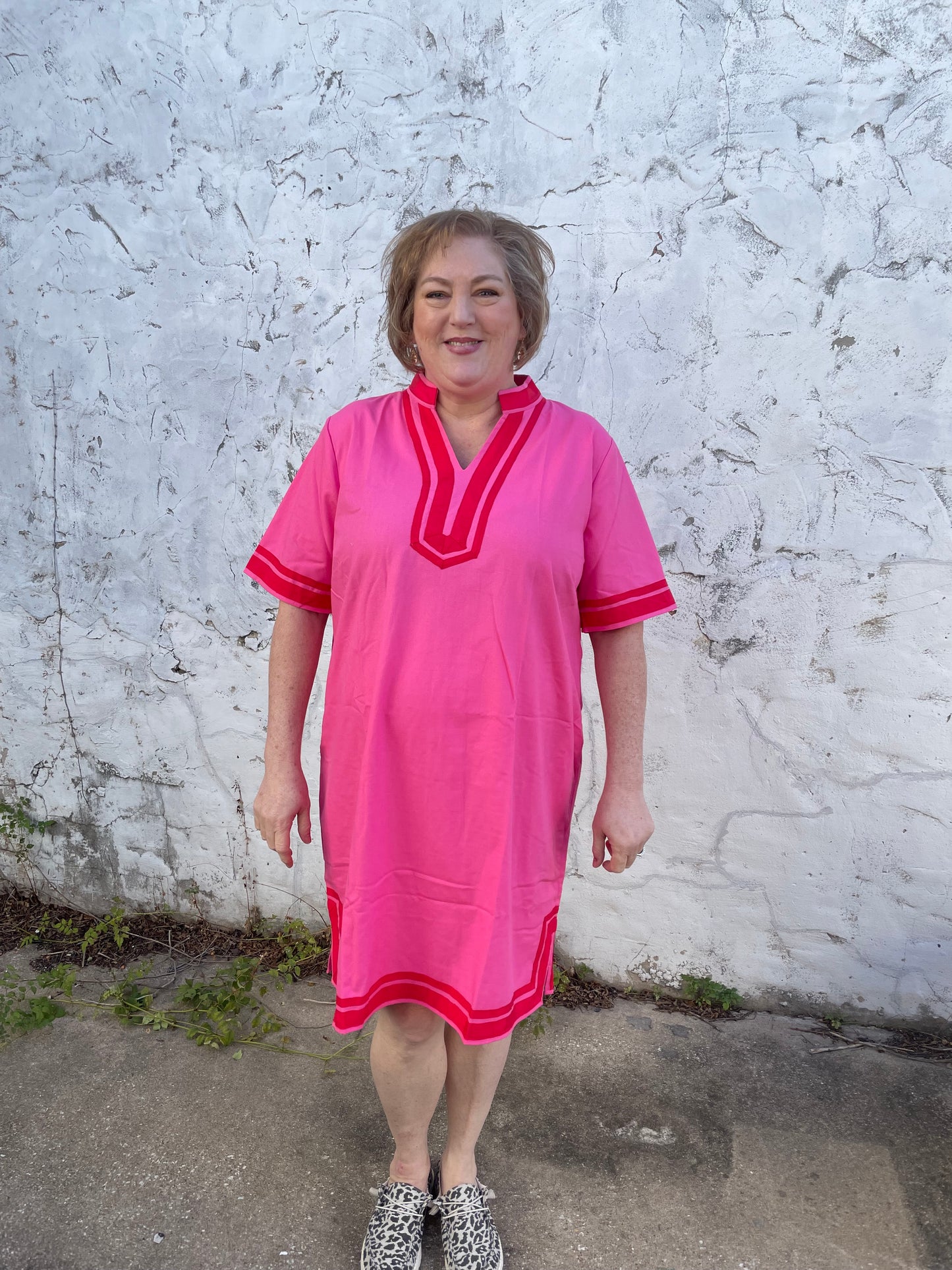 Luxe Woven Accent Dress with red trim. Available in sizes XS–XL.