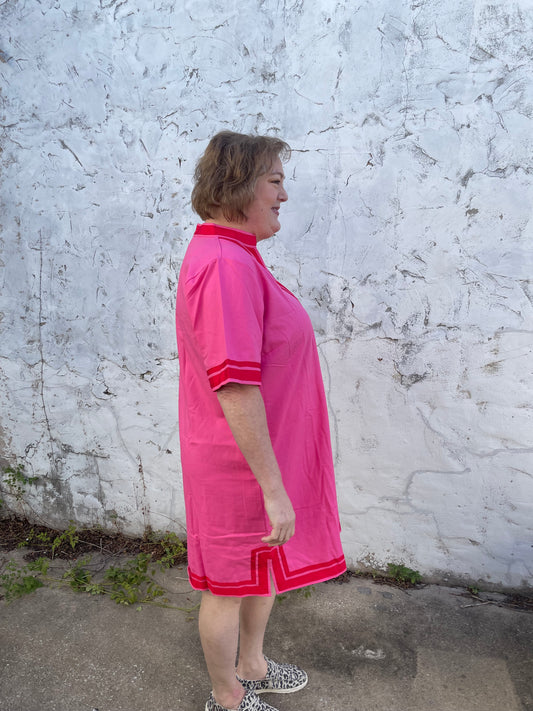 Luxe Woven Accent Dress in bright pink with red trim, available in sizes XS-XL.