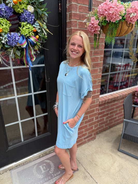 Relaxed Fit Crewneck T-Shirt Dress in light blue; available in sizes XS–XXL.