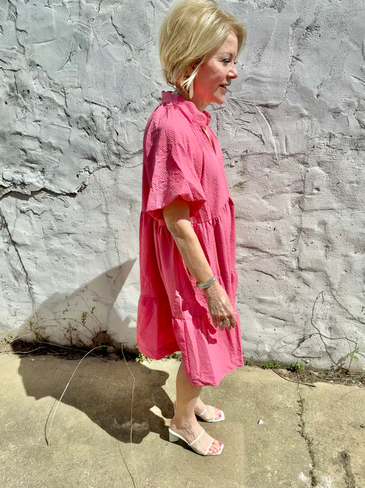 Peony Scallop Hem Tiered Babydoll Dress with scalloped hem, tiered layers. Available in sizes XS-XL.