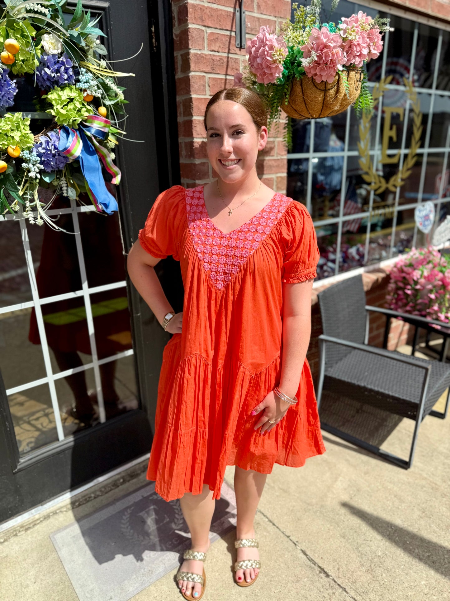 Daisy Filled Yoke Dress with floral print and gathered neckline. Available in sizes XS-XL.
