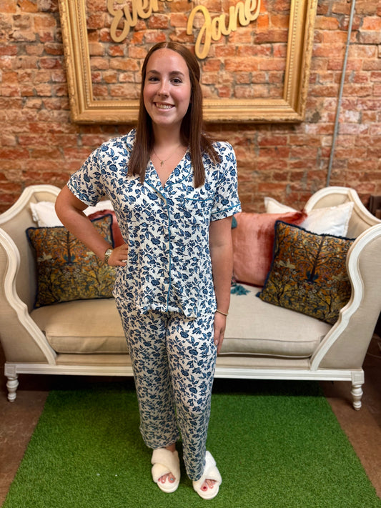 Charlotte Ivy Script Navy Pants Set in blue-and-white floral LuxBlend fabric, women’s loungewear; available in sizes XS–XL.
